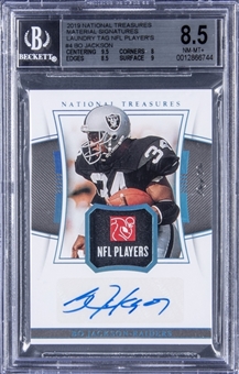 2019 Panini National Treasures Material Signatures Laundry Tag NFL Players #32-BJ Bo Jackson Signed Logo Patch Card (#1/1) - BGS NM-MT+ 8.5/BGS 10